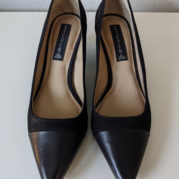 NWOT - STEVEN BY STEVE MADDEN- Joy Cap Toe Pump in Black Suede/Leather - Picture 2 of 6
